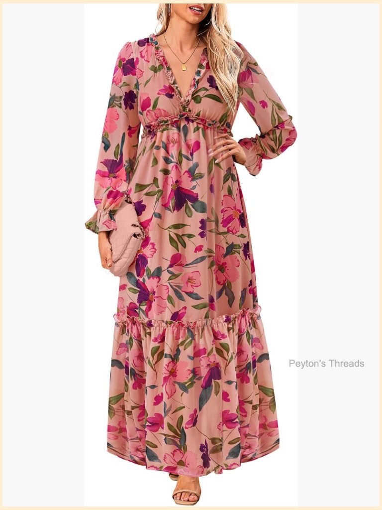 Chiffon Maxi Dress Long Sleeve V-Neck Flowy Boho Wedding Guest
